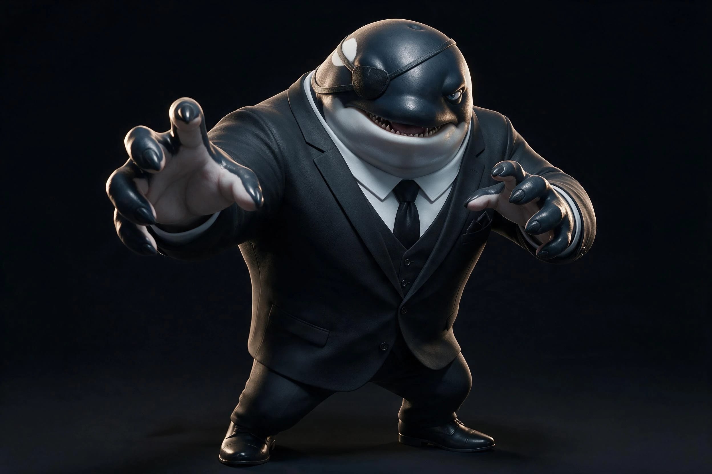 WILLY en pose de acción con su traje negro