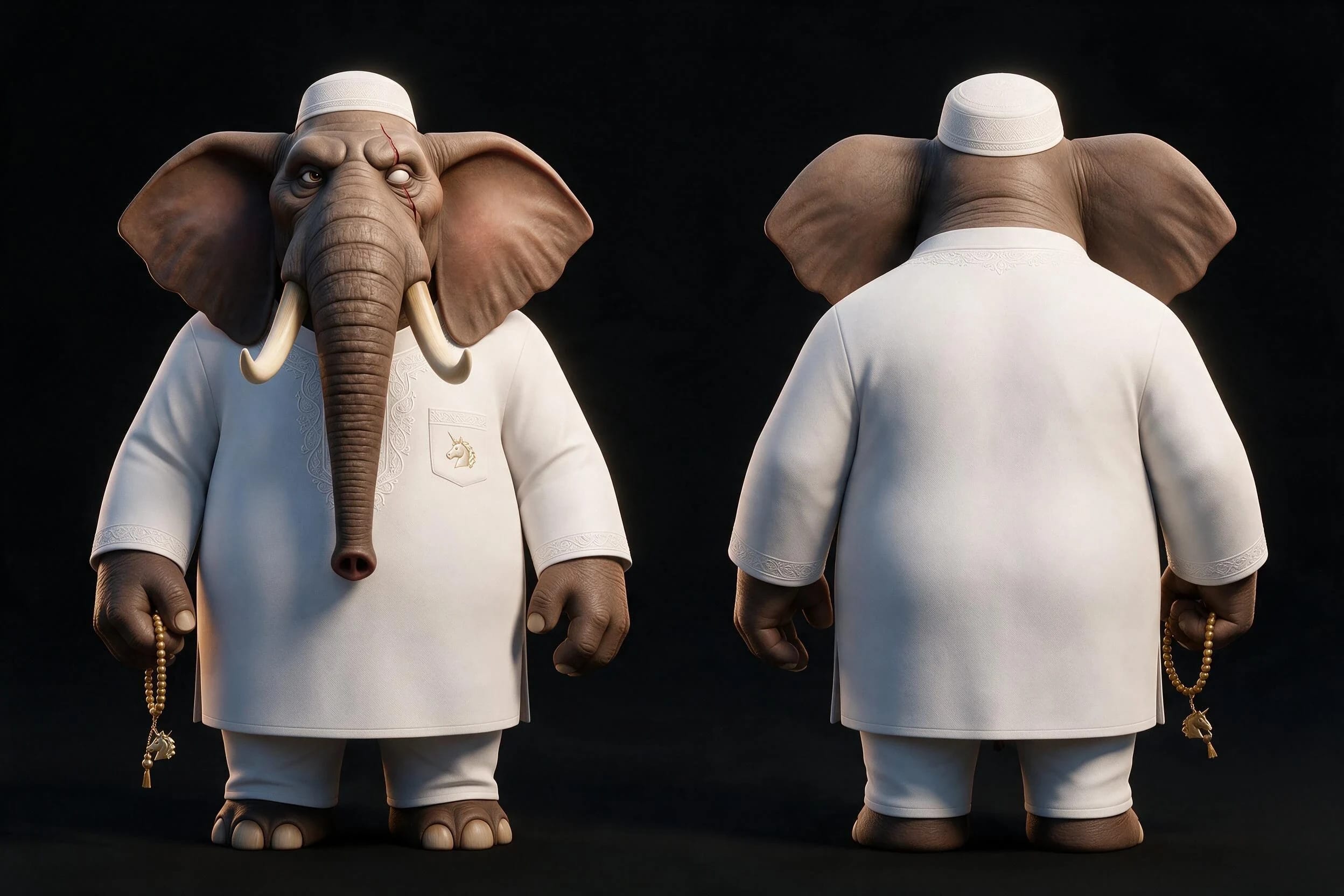 Planche de référence de BABA L’ANCIEN de face et de dos dans sa tenue blanche