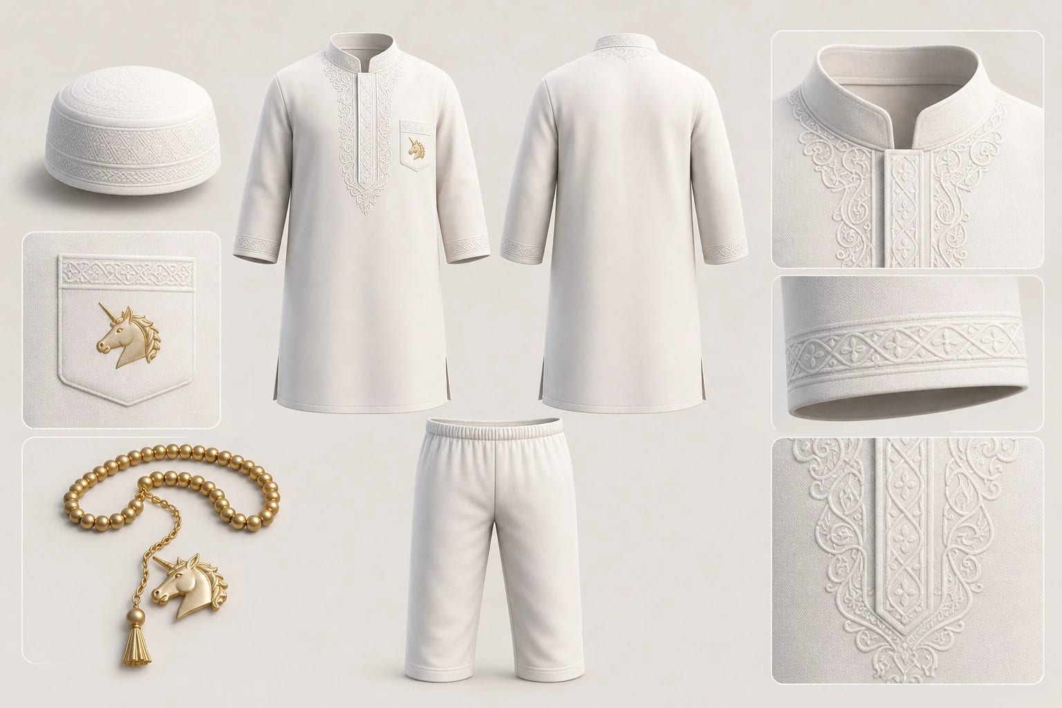 Planche détaillée de la tenue blanche, du couvre-chef et du chapelet de BABA L’ANCIEN
