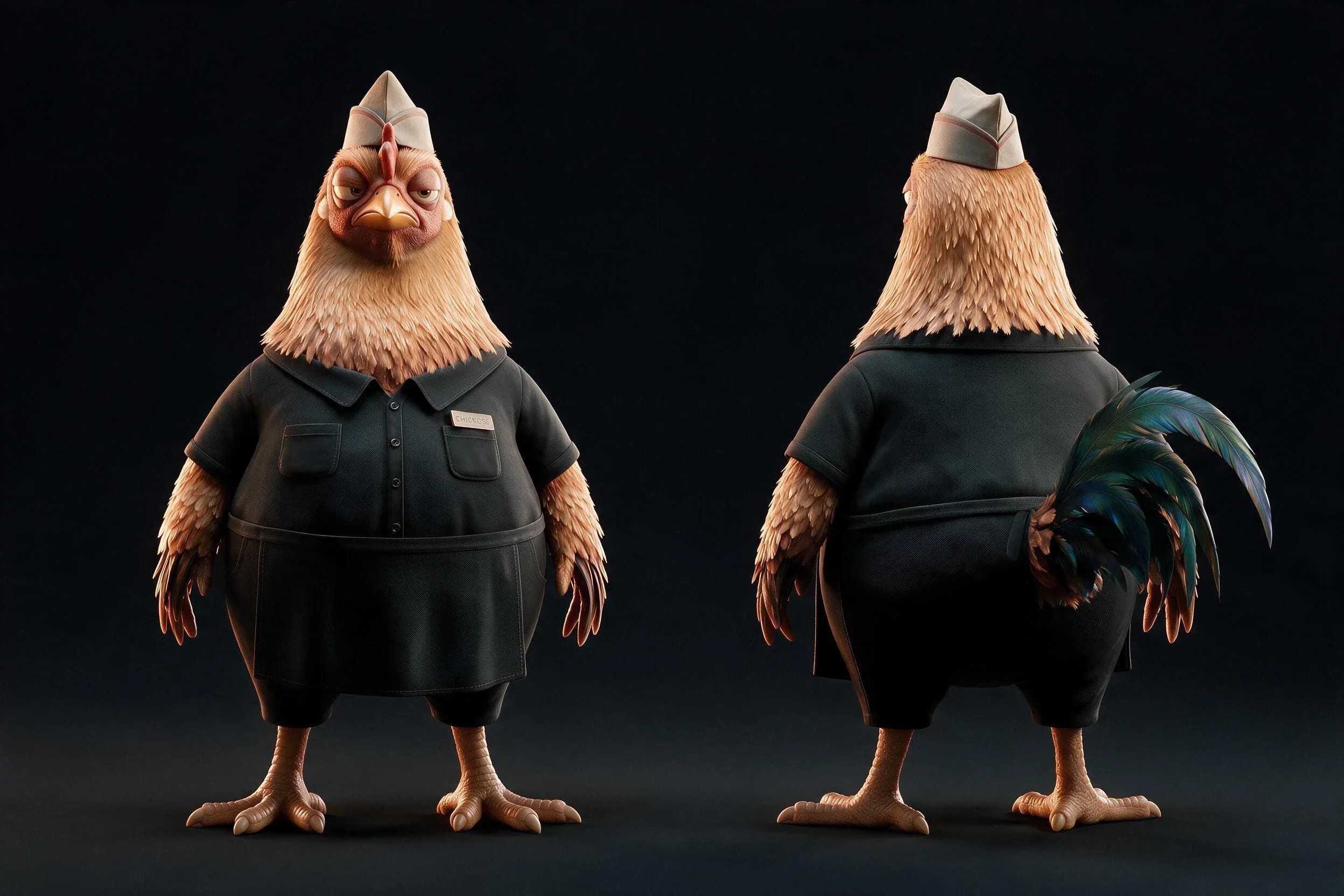Planche de référence de CHICKOSS de face et de dos dans sa tenue de travail noire