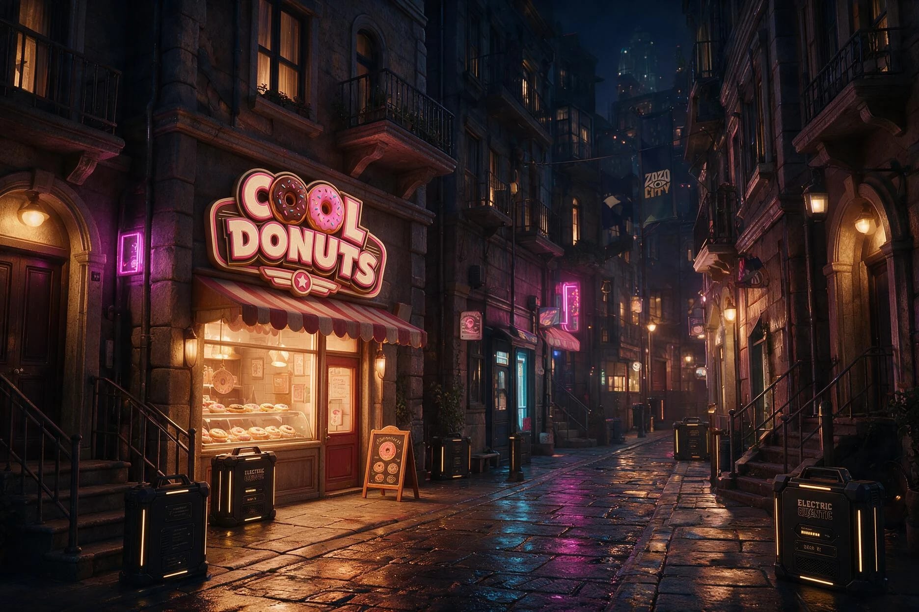 La boutique Cool Donuts dans une rue rétro et nocturne de La Couronne