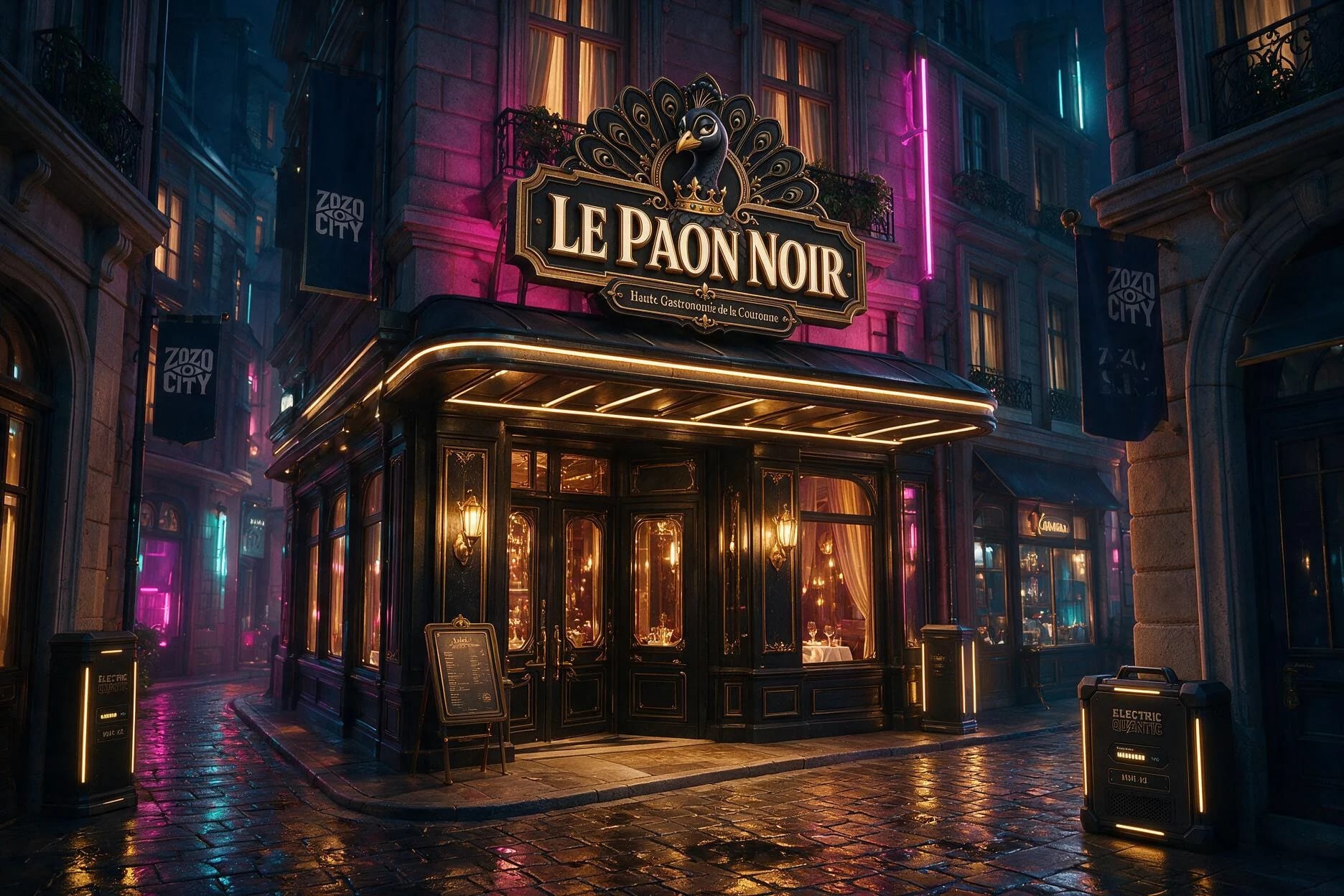 Le restaurant Le Paon Noir dans une rue nocturne de La Couronne