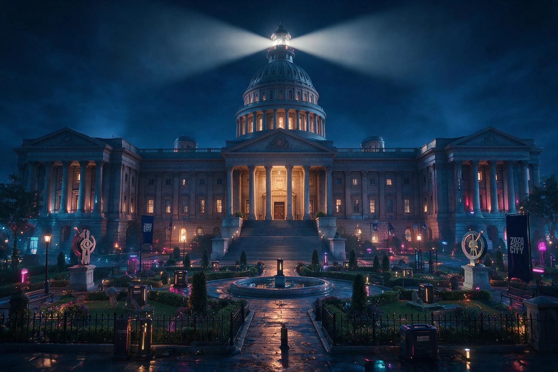 Le palais monumental de La Couronne illuminé de nuit à Zozo City