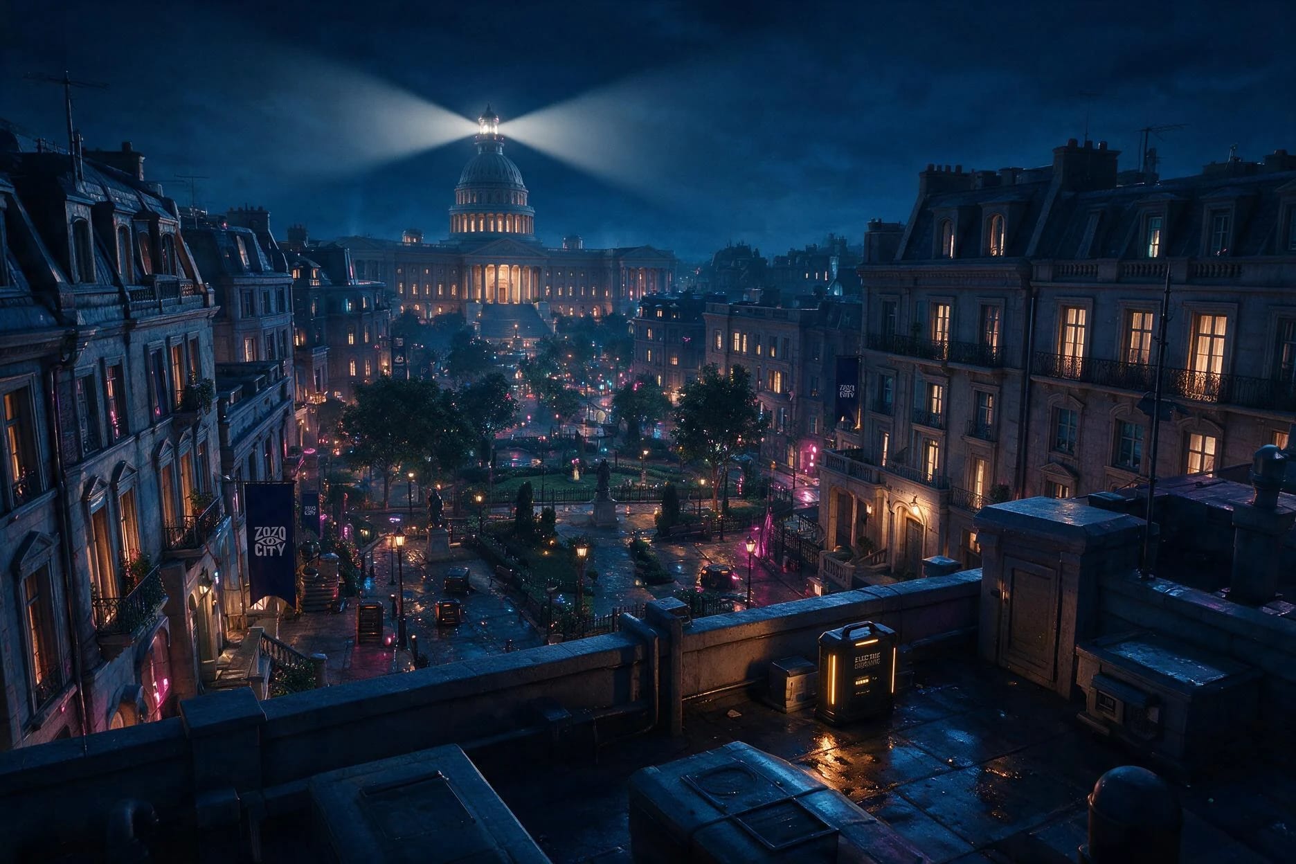 Vue panoramique nocturne sur les jardins, les rues et le palais de La Couronne