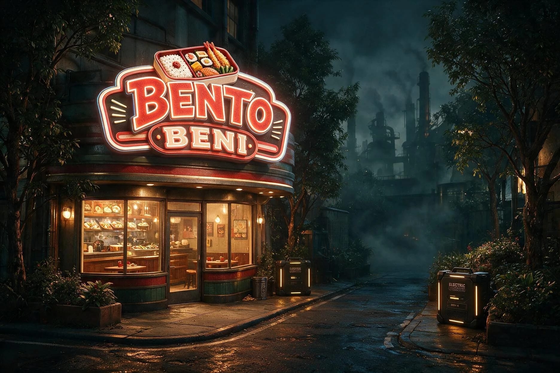 Le restaurant Bento Beni éclairé devant les installations industrielles de La Forge