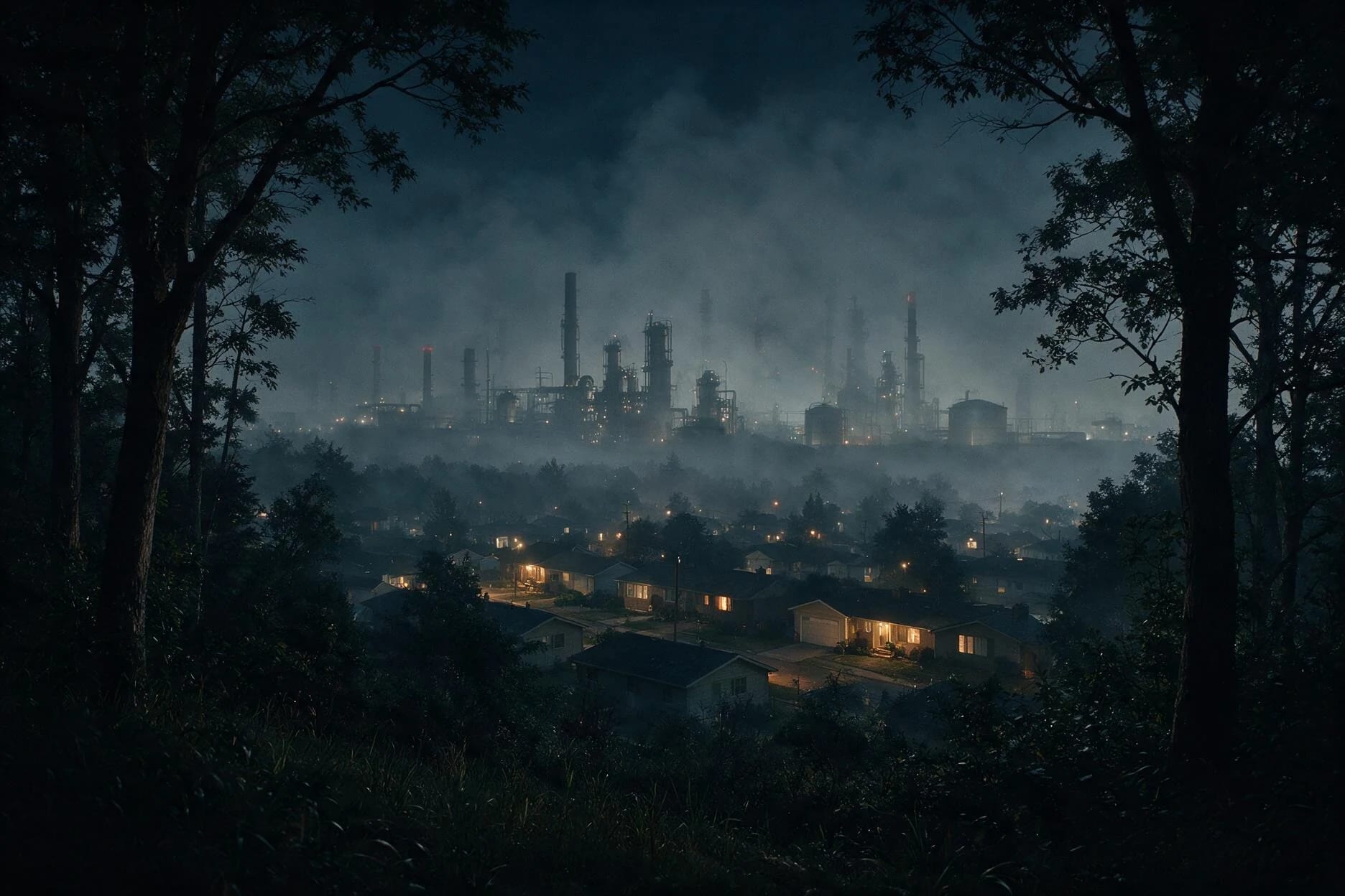 La zone industrielle de La Forge dominant ses quartiers résidentiels sous la brume