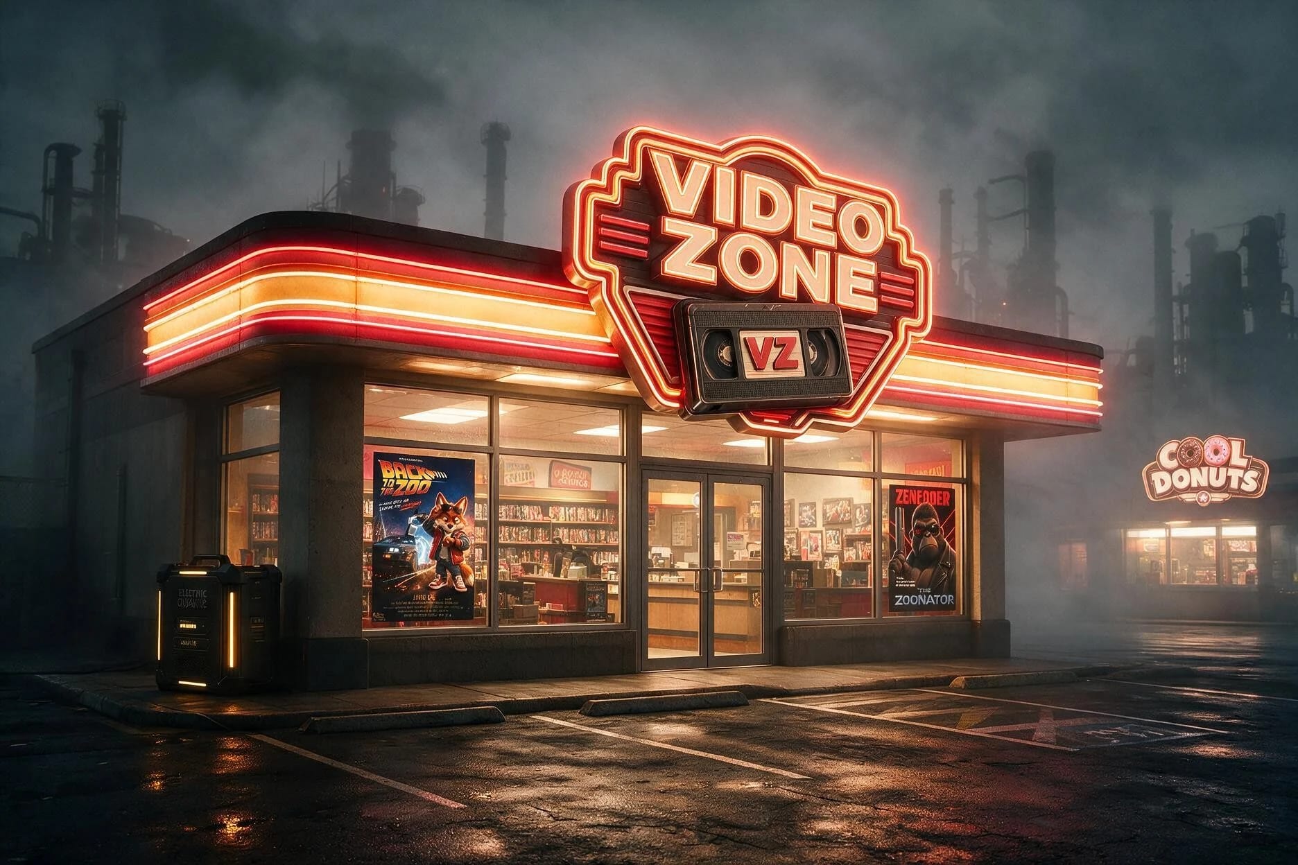 Le vidéoclub Video Zone éclairé devant les cheminées industrielles de La Forge