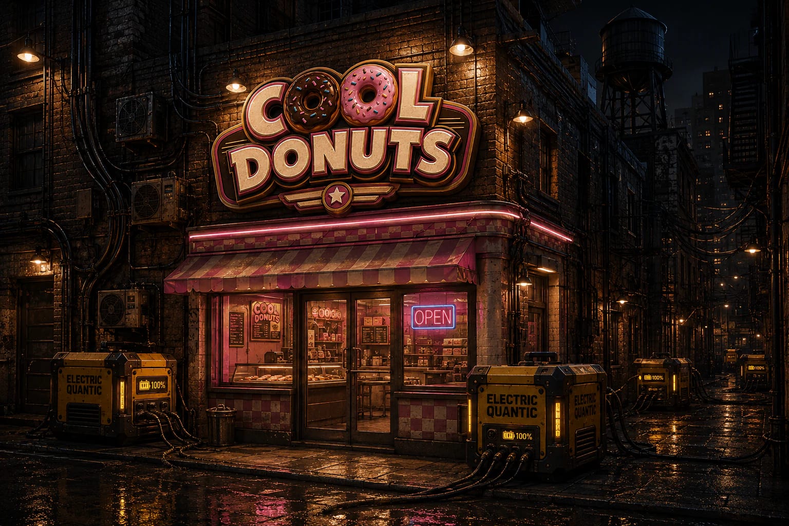 The Cool Donuts shop glowing among the buildings of the Great Rift