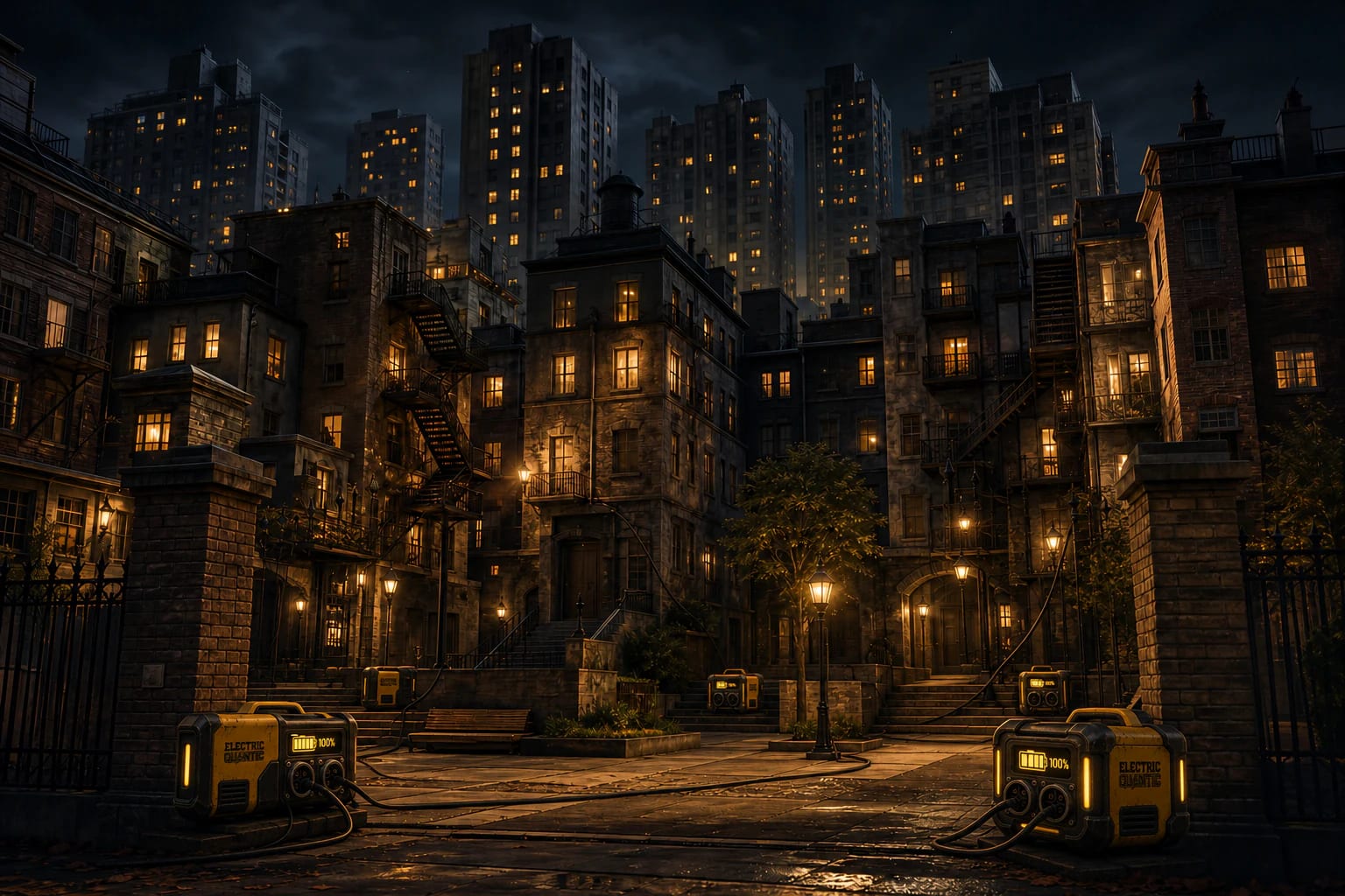 Densely packed buildings surrounding a lit courtyard in the Great Rift