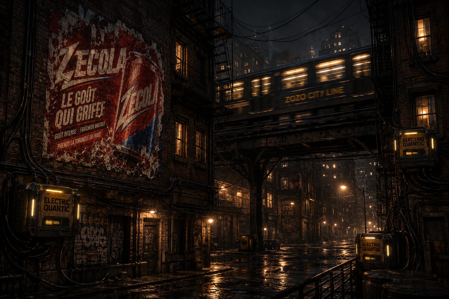 A dark street in the Great Rift crossed by the elevated metro
