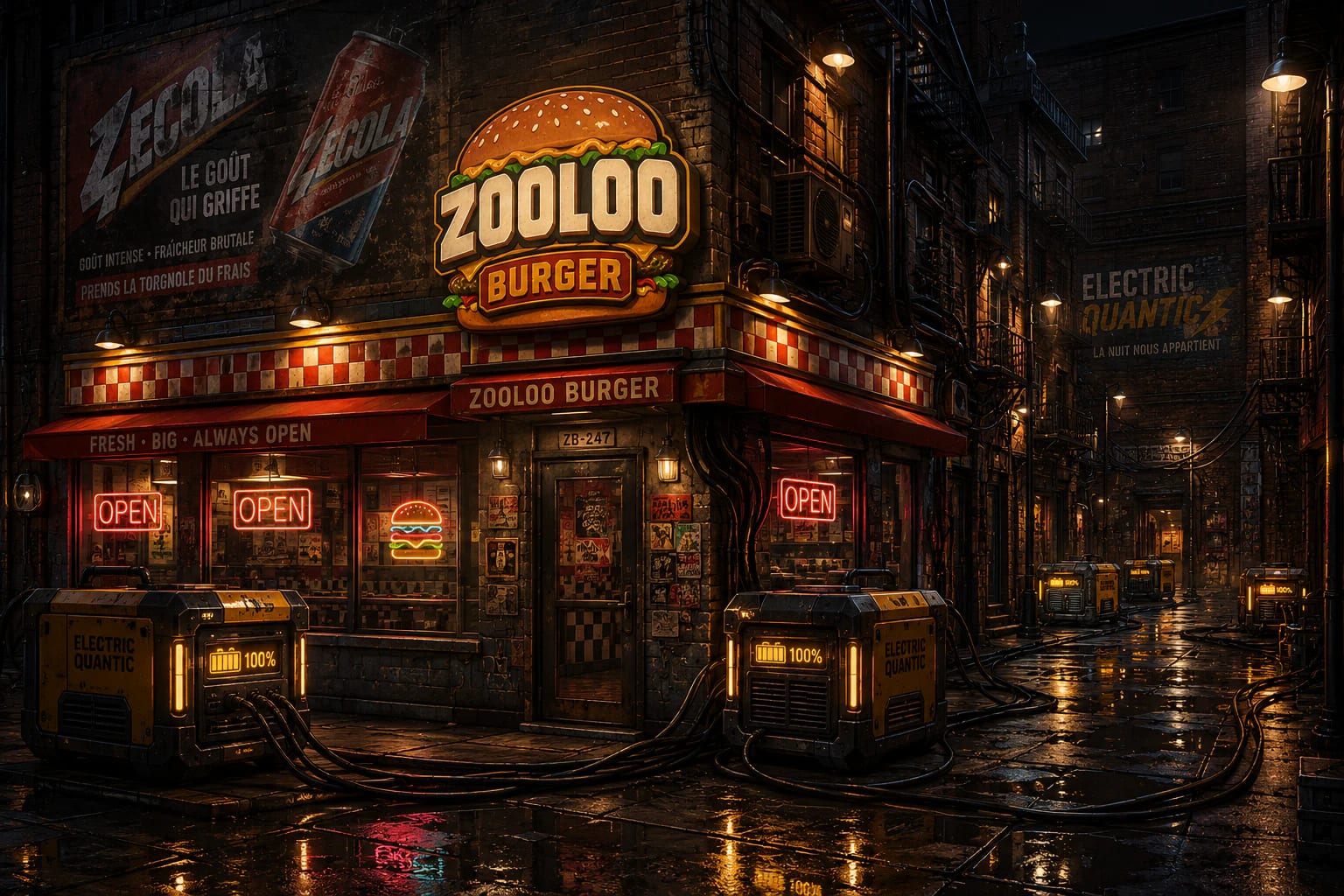 The Zooloo Burger restaurant open at night on a street in the Great Rift