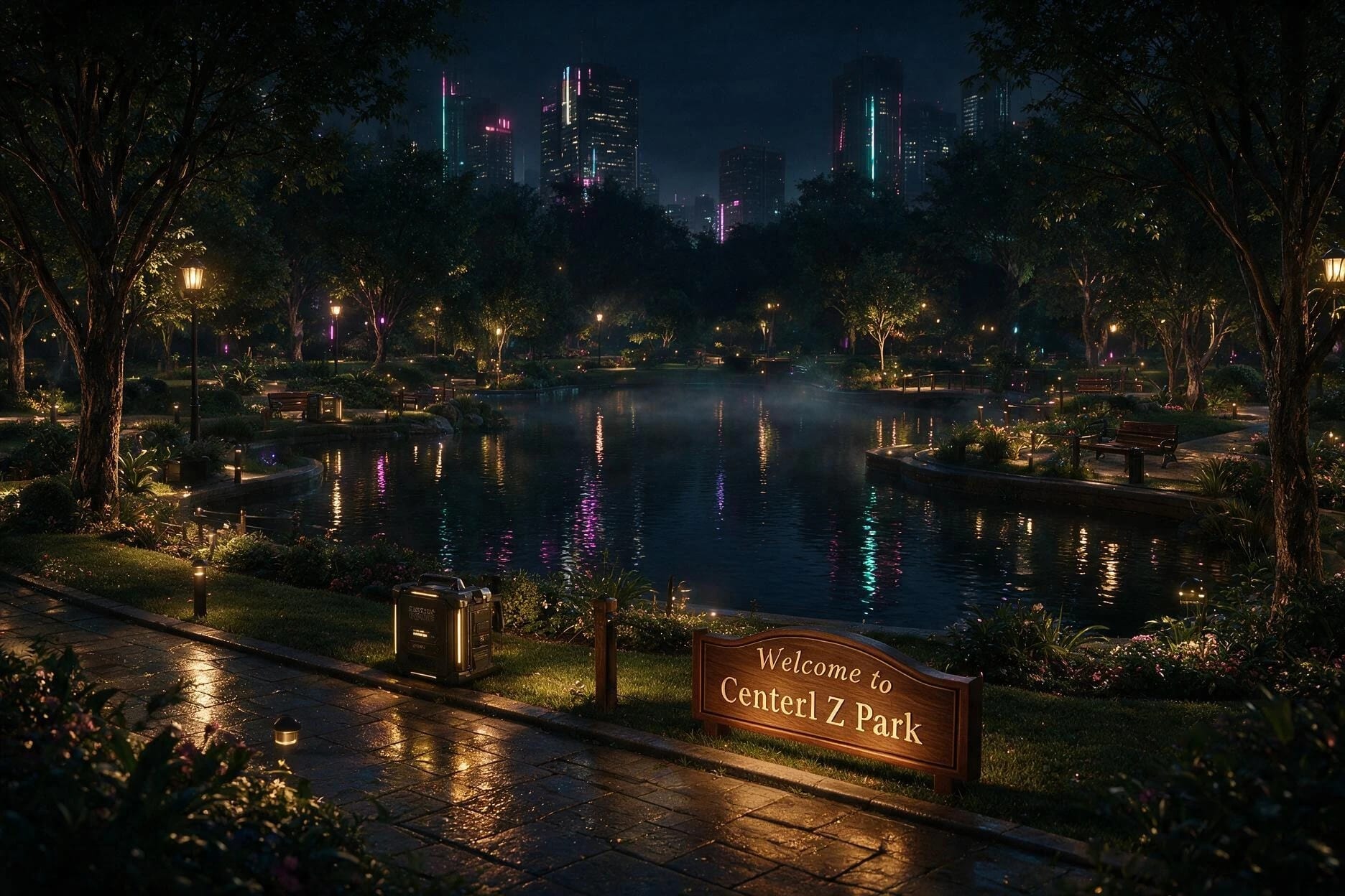 Le parc Center Z éclairé devant les tours de La Vallée