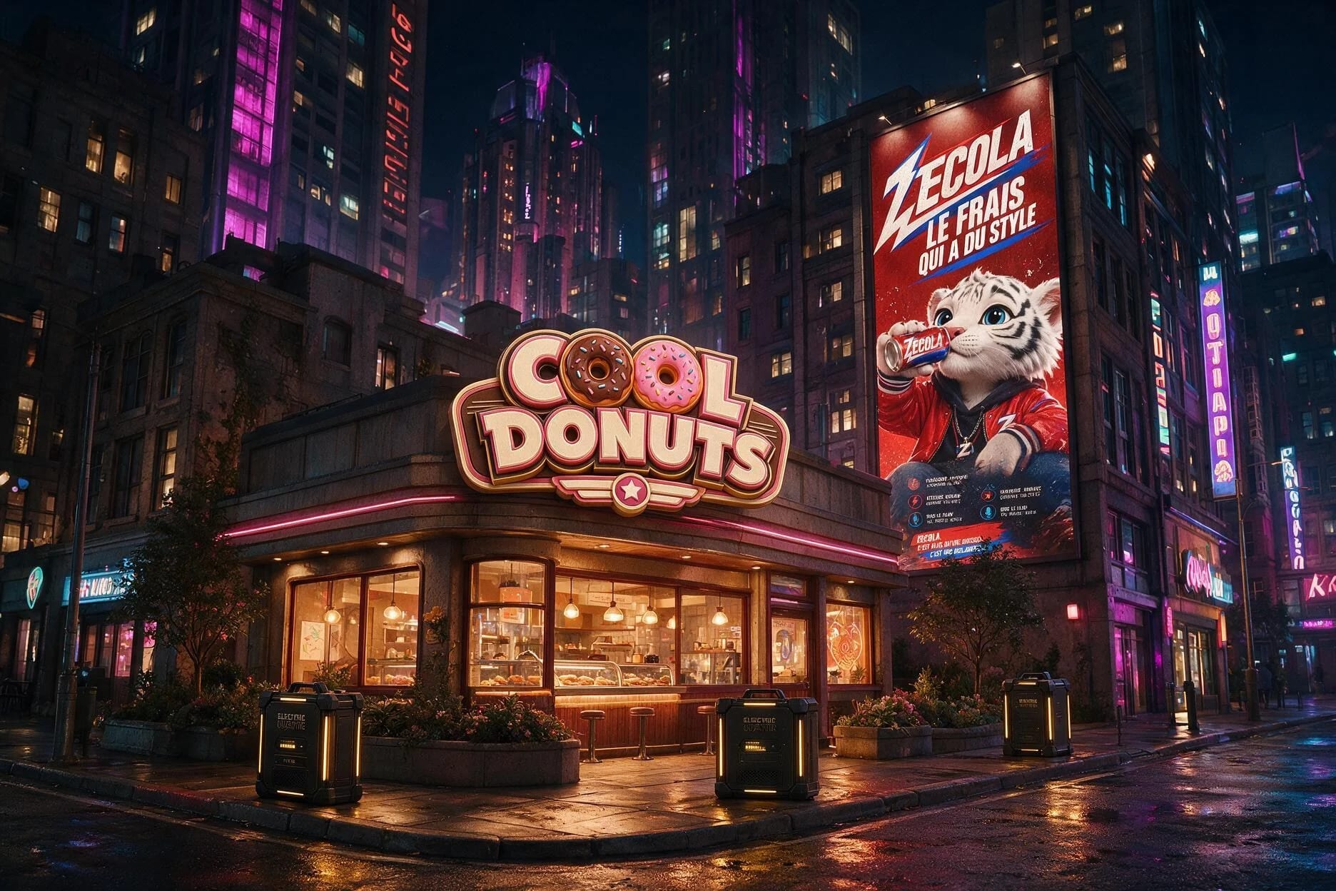La boutique Cool Donuts dans une rue nocturne de La Vallée