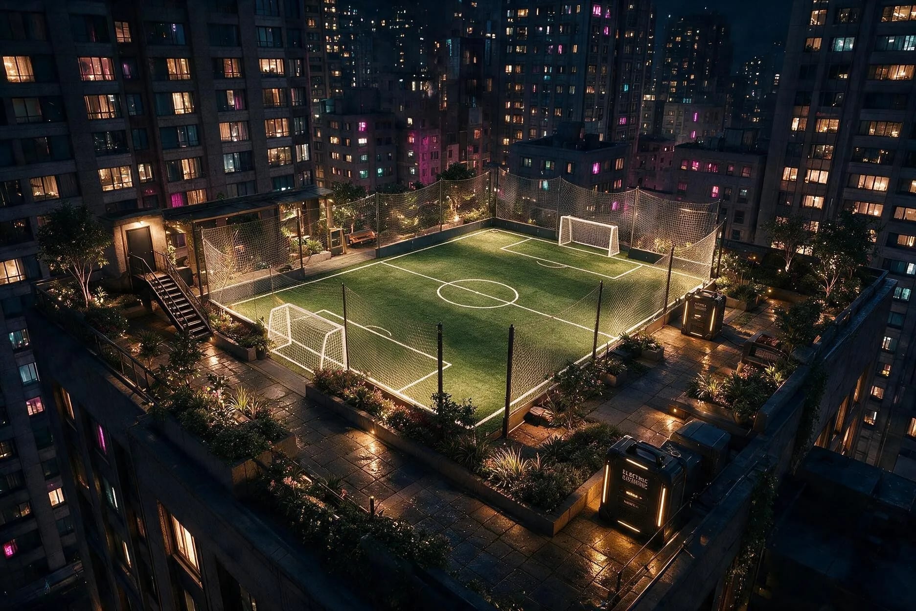 Un terrain de football aménagé sur le toit d’une tour de La Vallée