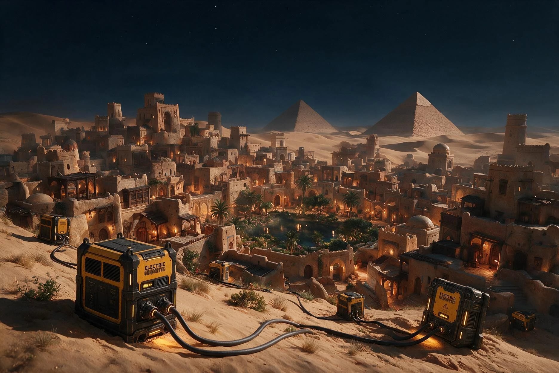 Vue panoramique nocturne du Sanctuaire et de ses pyramides au milieu du désert