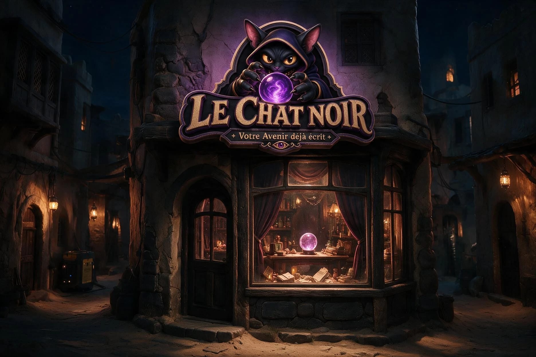 La boutique de voyance Le Chat Noir illuminée de violet dans Le Sanctuaire