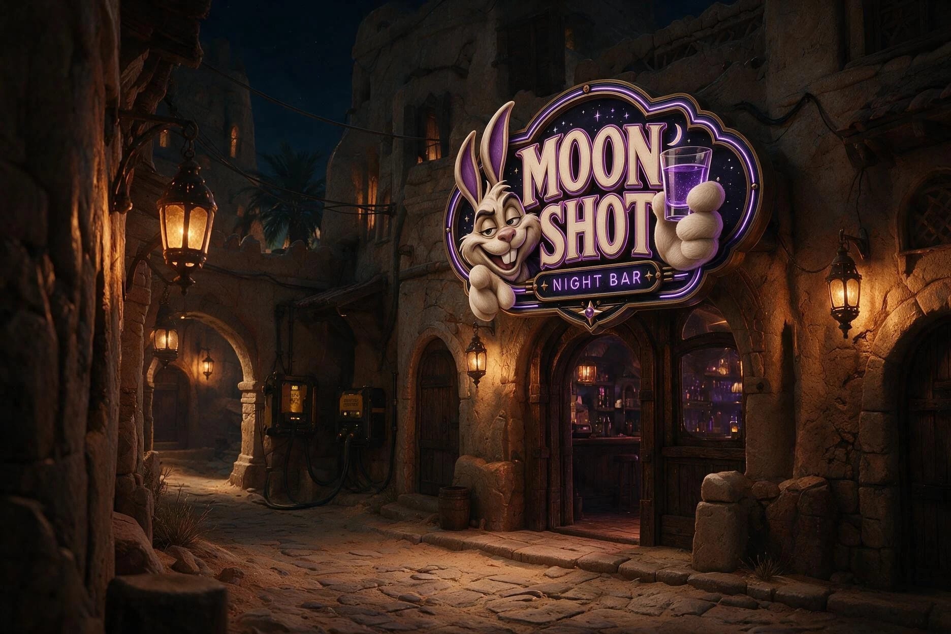 Le bar Moon Shot éclairé de violet dans une ruelle du Sanctuaire