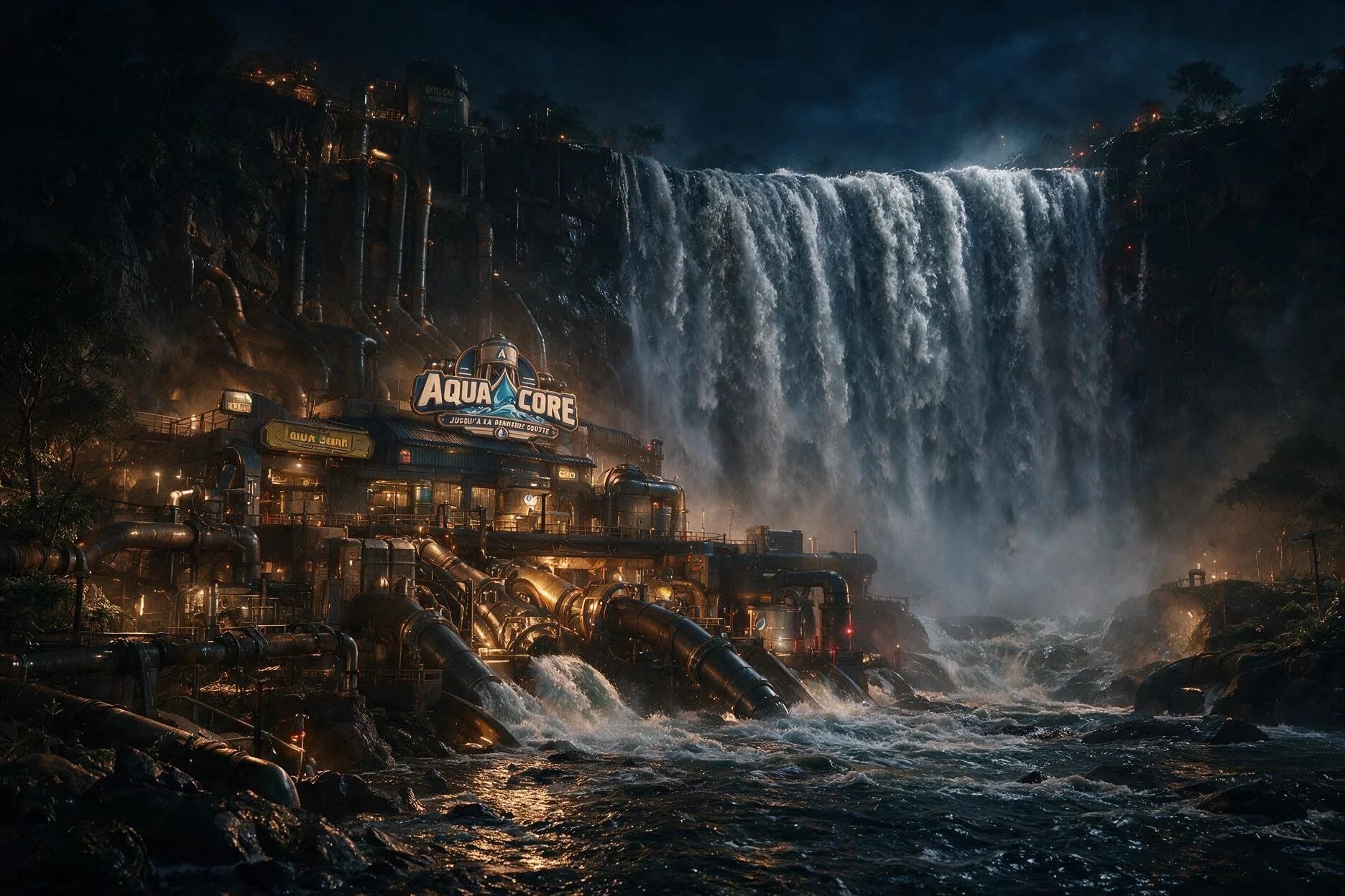 Le complexe Aqua Core au pied d’une cascade