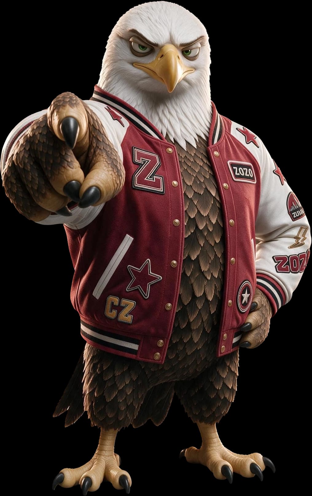 X-WING, a ZOZO CITY eagle in a red jacket, points a talon forward