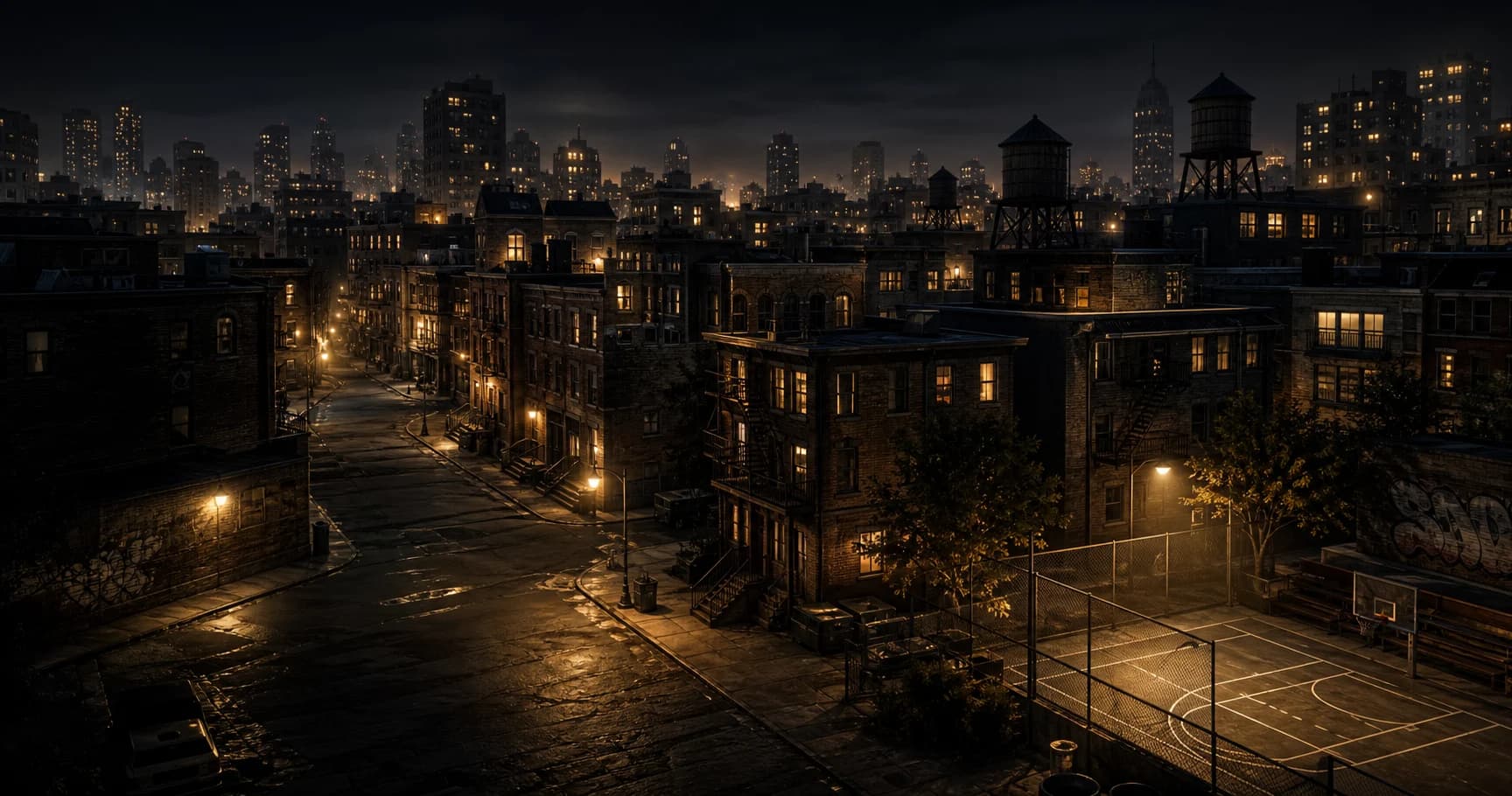 Night panorama of ZOZO CITY, its illuminated districts and water towers beneath a black sky