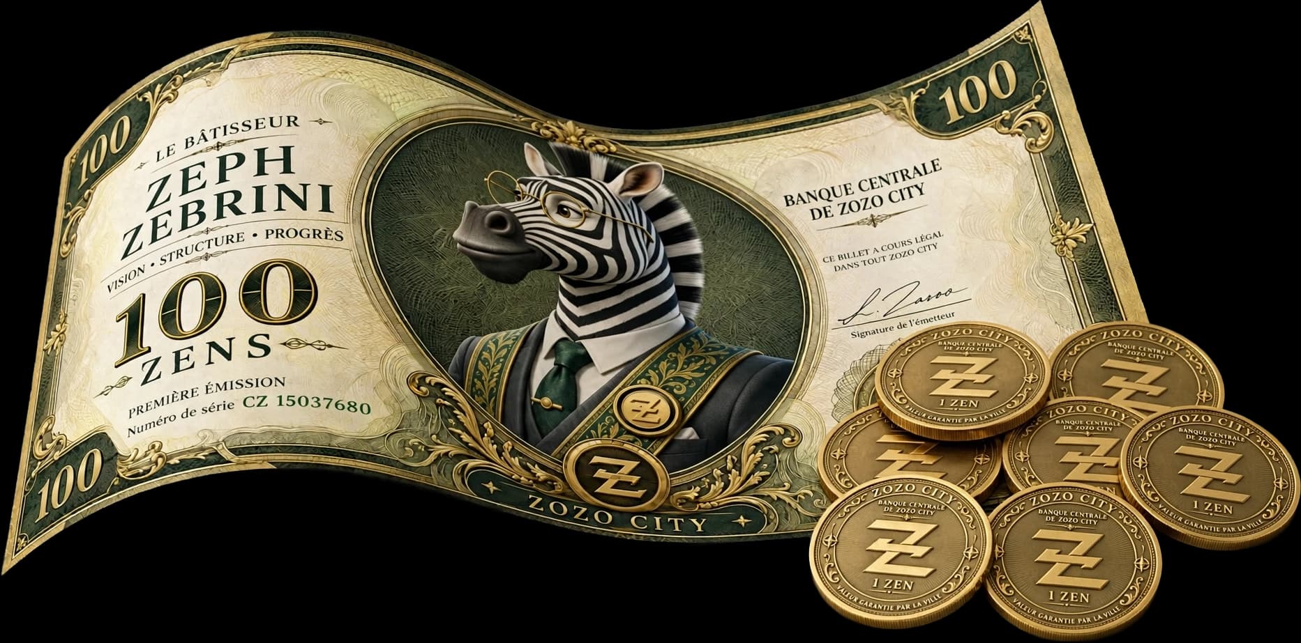 Wavy 100-Zen banknote featuring Zeph Zebrini with 1-Zen coins